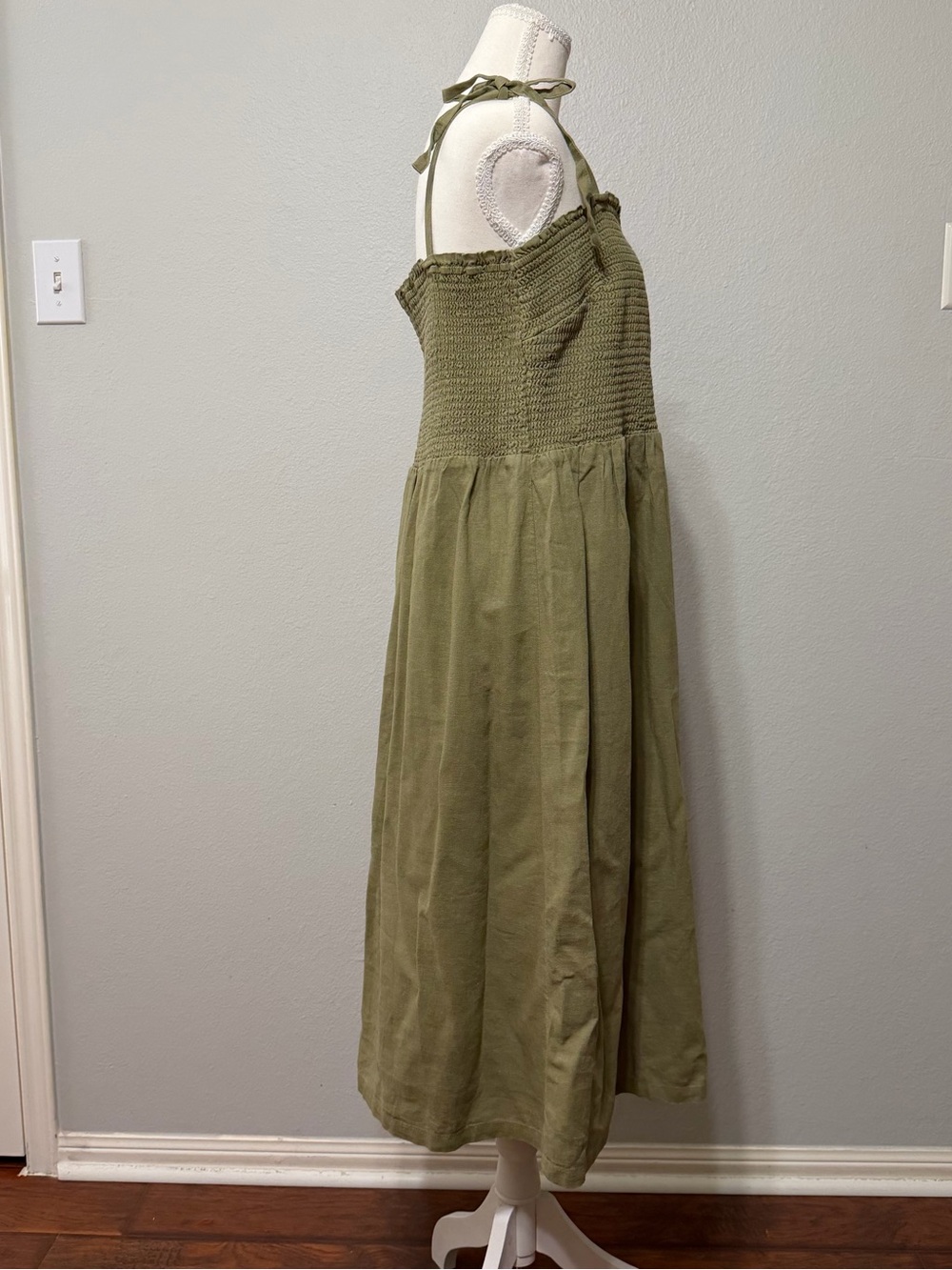 Gap Olive Green Smocked Midi Dress Tie Straps Large XL Sundress Comfy Casual F - Picture 9 of 15